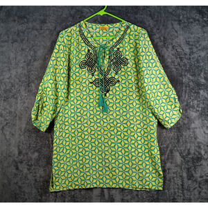 Roberta Roller Rabbit Tunic Women Size Small Green Yellow Silk Embroidered